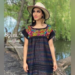 Mexican hand embroidered black loomed top/dress. Sz small/medium Floral vintage
